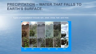 • Types of precipitation include rain, sleet, snow, hail, and mist.
PRECIPITATION – WATER THAT FALLS TO
EARTH’S SURFACE.
 