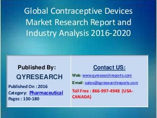 Global Contraceptive Devices
Market Research Report and
Industry Analysis 2016-2020
Published By:
QYRESEARCH
Published On : 2016
Category: Pharmaceutical
Pages : 130-180
Contact US:
Web: www.qyresearchreports.com
Email: sales@qyresearchreports.com
Toll Free : 866-997-4948 (USA-
CANADA)
 