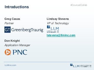 LLMinc.com
Introductions
Greg Casas
Partner
Don Knight
Application Manager
Lindsay Stevens
VP of Technology
lstevens@llminc.com
#CounselCollab
 