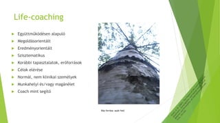 Life-coaching
 Együttműködésen alapuló
 Megoldásorientált
 Eredményorientált
 Szisztematikus
 Korábbi tapasztalatok, erőforrások
 Célok elérése
 Normál, nem klinikai személyek
 Munkahelyi és/vagy magánélet
 Coach mint segítő
Kép forrása: saját fotó
 