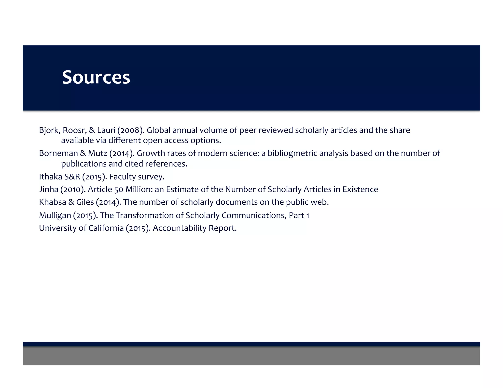 Sources	
Bjork,	Roosr,	&	Lauri	(2008).	Global	annual	volume	of	peer	reviewed	scholarly	articles	and	the	share	
available	via	diﬀerent	open	access	options.	
Borneman	&	Mutz	(2014).	Growth	rates	of	modern	science:	a	bibliogmetric	analysis	based	on	the	number	of	
publications	and	cited	references.	
Ithaka	S&R	(2015).	Faculty	survey.	
Jinha	(2010).	Article	50	Million:	an	Estimate	of	the	Number	of	Scholarly	Articles	in	Existence	
Khabsa	&	Giles	(2014).	The	number	of	scholarly	documents	on	the	public	web.	
Mulligan	(2015).	The	Transformation	of	Scholarly	Communications,	Part	1	
University	of	California	(2015).	Accountability	Report.	
 