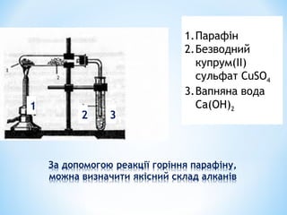 1.Парафін
2.Безводний
купрум(ІІ)
сульфат СuSO4
3.Вапняна вода
Ca(OH)21
2 3
 