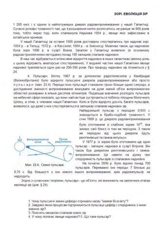 ЗОРІ. ЕВОЛЮЦІЯ ЗІР
1 200 км/с і є одним із найпотужніших джереп радіовипромінювання у нашій Галактиці .
Сучасні розміри туманності такі, що ії розширення могло розпочатись не раніше як 900 років
тому, тобто якраз тоді, коли спалахнула Наднова 1054 р" явище якої зафіксовано в
китайських хроніках.
У нашій Галактиці за останні 1ООО років достовірно спостерігались три наднові зорі :
1054 р. - в Тельці, 1572 р. - в Кассіопеї, 1604 р. - в Змієносці . Можливо також, що надновою
була зоря 1006 р. в сузір'ї Вовка . Загалом у Галактиці виявлено (в основному
радіоастрономічними методами) понад 1ОО залишків спалахів наднових.
В наш час відбувається інтенсивне відкриття наднових в інших галактиках (велику роль
у цьому відіграють аматорські спостереження). У видимій частині нашої Галактики явище
наднової трапляється один раз на 200-300 років. Про природу наднових зір йтиметься у §
24.
4. Пульсари . Впітку 1967 р. за допомогою радіотепескопа у Кембриджі
(Вепикобританія) було відкрито пульсуючі джерепа радіовипромінювання або просто
п у л ь с а р и (мал . 23.4). Періоди їхніх пульсацій становили трохи більше однієї секунди, а
дослідження змінності випромінювання вказували на дуже малий об'єм випромінюючих
обпастей розмірами в кілька десятків кілометрів. Подальше вивчення розподілу пульсарів
на небесній сфері показало, що вони найчастіше зустрічаються поблизу площини Молочного
Шпяху, а отже, є членами нашої Галактики . Копи ж було відкрито досить багато пульсарів,
виявилося, що деякі з них спостерігаються в залишках спалахів наднових зір.
оІ
ВнпромІнюючг
JOH•
Пучок
рмrохенпь
Мал. 23.4. Схема пульсара
Найвідоміший пульсар з періодом 0,033 с
знаходиться в Крабо-подібній туманності . У
січні 1969 р. це джерепо радіовипромінювання
було ототожнене зі слабкою зорею 16m, яка
змінює свій бписк із тим же періодом . З таким
же періодом від цього джерепа йдуть
рентгенівські та гамма-імпульси .
У 1977 р. із зорею було ототожнено ще один
пульсар - залишок наднової в сузір'ї Вітрила . Він
також був джерепом рентгенівського і гамма­
випромінювання . Це навело на думку про
спорідненість пульсарів зі спалахами наднових.
На початок 2000 р. було відомо понад 700
пульсарів. Переважно їхні періоди Т бпизькі до
0,75 с. Від більшості з них ніякого іншого випромінювання, крім радіоімпульсів, не
надходить.
Згідно з сучасними теоріями, пульсари - це об'єкти, які виникають на заключних етапах
евопюції зір (див. § 24).
1. Чому пульсуючі змінні цефеїди отримали назву "маяків Всесвіту"?
2. Завдяки яким процесам підтримуються пульсації цефеїд і споріднених з ними
змінних зір?
3. Поясніть механізм спалахів нових зір.
4. У чому полягає явище наднової? 5. Що таке пульсар?
 