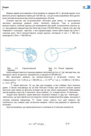 Розділ
І.
Вперше надійні річні паралакси було виміряно в середині ХІХ ст. Дотепер відомо точні
величини річних паралаксів майже для 1ОО ООО зір, і на цій основі розроблено біля десяти
інших методів визначення відстаней до віддаленіших об'єктів.
Оскільки відстані між астрономічними об'єктами дуже великі, то користуватися
звичними одиницями довжини (метр, кілометр) незручно. Тому в астрономії
використовують особливі одиниці для вимірювання відстаней: астрономічна одиниця (а .
о.), яка дорівнює середній відстані Землі від Сонця (149 600 ООО км), і парсек (пк), від слів
«паралакс» і «секунда» - відстань, з якої середній радіус земної орбіти видно під кутом 1'
(секунда дуги). Часто використовують похідні одиниці : кілопарсек (1 кпк = 1 ООО пк) і
мегапарсек (1 Мпк = 1 ООО ООО пк).
о
Мал. З.З. Горизонтальний Мал. З.4. Річний паралакс
паралакс зорі
Інколи використовується одиниця довжини світловий рік (св. р.). Це така відстань, яку
проходить світло за один рік, поширюючись зі швидкістю ЗОО ООО км/с.
Між одиницями довжини, що використовуються в астрономії, існують такі
співвідношення: 1 пк = З,26 св. р. = 206 265 а.о. - З • 1 О1 6
м; 1 св. р. = О,ЗО66 пк = 6З 240 а.
о = 95 · 1 О1 5
м• > •
5. Зоряні величини. Те, що одні зорі яскравіші, а інші слабкіші, було помічено
давно. З метою класифікації зір за їхнім блиском Гіппарх увів поняття видимої зоряної
величини (цей термін до фізичних розмірів зорі не має ніякого відношення). Найяскравіші
зорі він виділив у групу зір 1 -ї величини, трохи слабкіші - 2-ї, а ледве помітні - 6-ї величини.
Згодом було прийнято зоряні величини позначати літерою т (від лат. «магнітуде» -
«величина»), що проставляється як показник степеня справа вгорі біля цифри, яка вказує її
числове значення (наприклад, 1т). Таким чином, замість того щоб говорити про
освітленість, яку створює зоря, астрономи говорять: «блиск зорі дорівнює т зоряним ве­
личинам».
Було встановлено, що зоряна величина т і освітленість Е пов'язані залежністю
m =-14m -2,5 lg Е . (З 1)
 