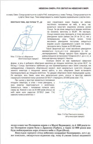 НЕБЕСНА СФЕРА. РУХ СВІТИЛ НА НЕБЕСНІЙ СФЕРІ
в знаку Овен, Сонце рухається по сузір'ю Риб, знаходячись у знаку Тепець, Сонце рухається по
сузір'ю Овна тощо. Така невідповідність знаків Зодіака зодіакальним сузір'ям пояс-
вюється тим , що точка 'У', де якої «прив'язані » знаки Зодіака, не займає
постійного положення на небі, а весь час
рухається назустріч видимому річному рухові
Сонця. За рік вона зміщується вздовж екліптики
на незначну величину в 50,26". Як наслідок,
р"
Мал. 7.3. Рух осі обертання
Землі внаслідок прецесії
Сонце кожного року приходить в точку весняного
рівнодення трохи раніше (на 24 хв 24 с), ніж у
попередньому році. Таким чином, точка
весняного рівнодення поступово зміщується
вздовж усього зодіакального сузір'я (чи знаку),
проходячи весь Зодіак за 25 800 років.
Такий зворотний рух точки весняного рівнодення
називається п р е ц е с і є ю рівнодення (з лат. -
.«випередження»). Явище прецесії було відкрите ще
давньогрецьким астрономом Гіппархом (11 ст. до н . е.), а
пояснив причину прецесії І. Ньютон.
Оскільки Земля не має правильної сферичної
форми, а вісь її добового обертання нахилена до площини екліптики під кутом 66,5°, то
Місяць і Сонце, притягаючи найближчі до них приекваторіальні маси Землі сильніше, ніж
найвіддаленіші, створюють обертальний момент, який намагається сумістити площину
земного екватора з площиною земної орбіти, а вісь обертання Землі встановити
перпендикулярно до площини екліптики . Та швидке обертання Землі перешкоджає цьому.
Як наслідок, вісь Землі, наче вісь велетенської дзиги, описує в просторі навколо
середнього положення конус розхилом 23°26,5* з періодом у 25 800 років (мал. 7.3).
При цьому у просторі змінюється положення
площини екватора, а отже і точок рівнодень, у
яких екватор перетинається з екліптикою.
Змінюється також і положення полюсів світу
серед зір. Кожний з них за 25 800 років описує на
небі мале копо радіусом 23°26,5' (мал. 7.4)
навколо полюса екліптики. І
Мал . 7.4.Рух Північного полюса
світу внаслідок прецесії
якщо в ваш час Полярною зорею є а Малої Ведмедиці, то 4 500 років то­
му Полярною зорею була а Дракона (Тубан). а через 12 ООО років нею
буде найяскравіша зоря літнього неба а Ліри (Вега).
Внаслідок прецесії сітка небесних координат безперервно, хоч і ду­
же повільно , зм іщується відносно зір, тому й умови їх ньої видимості
 