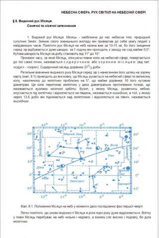 НЕБЕСНА СФЕРА. РУХ СВІТИЛ НА НЕБЕСНІЙ СФЕРІ
§ 8. Види м ий рух М ісяця .
Сонячн і та місячні зате мнення
1. Видимий рух Місяця. Місяць - найбпижче до нас небесне тіпо, природний
супутник Земпі . Зміною свого зовнішнього вигпяду він привертав до себе увагу пюдей з
найдавніших часів. Помітити рух Місяця на небі можна вже за 10-15 хв, бо його зміщення
серед зір відбувається дуже швидко: за 1 годину він проходить з заходу на схід майже 0,5°.
Кутова швидкість Місяця за добу становить від 11° до 15°.
Проміжок часу, за який Місяць, описуючи повне копо на небесній сфері, повертається
до тієї самої точки, називається с и д е р и ч н и м або з о р я н и м м і с я ц е м (від пат.
«сідус» - «зоря»). Сидеричний місяць дорівнює 271/з доби.
Ретепьне вивчення видимого руху Місяця серед зір з нанесенням його шпяху на зоряну
карту (мап. 8.1) приводить до висновку, що Місяць рухається на небесній сфері по вепикому
копу, нахипеному до екпіптики прибпизно на 5°, що майже дорівнює 1О його кутовим
діаметрам. Це копо перетинає екпіптику у двох діаметрапьно протипежних точках, що
називаються вузлами місячної орбіти. Вузоп, у якому Місяць, рухаючись небом,
опускається під екпіптику і відхипяється на південь, називається низхідним, а той, у якому
через 13,6 доби він піднімається над екпіптикою і відхипяється на північ, називається
висхідним.
20°
1ct
оІ •
-10° •
•І
-.Рднор/
І
І •_..... ___
20'
1G
-10''
Мап . 8.1. Попоження Місяця на небі у моменти двох поспідовних фаз першої чверті
Пегко помітити, що умови видимості Місяця в різні пори року дуже відрізняються. Впітку
у повні Місяць перебуває на небі низько і недовго, а взимку сяє високо і подовгу, бо дуга
екпіптики
 