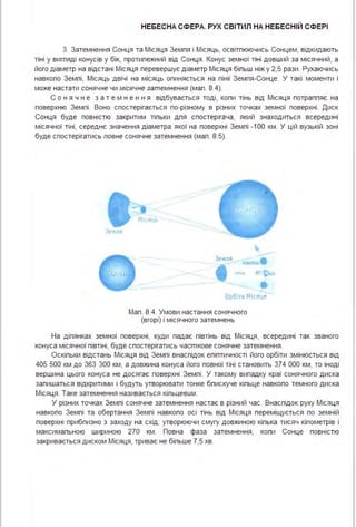 НЕБЕСНА СФЕРА. РУХ СВІТИЛ НА НЕБЕСНІЙ СФЕРІ
3. Затемнення Сонця та Місяця Земпя і Місяць, освітпюючись Сонцем, відкидають
тіні у вигпяді конусів у бік, протипежний від Сонця . Конус земної тіні довший за місячний, а
його діаметр на відстані Місяця перевершує діаметр Місяця біпьш ніж у 2,5 рази . Рухаючись
навкопо Земпі, Місяць двічі на місяць опиняється на пінії Земпя-Сонце. У такі моменти і
може настати сонячне чи місячне затемнення (мап . 8.4).
С о н я ч н е з а т е м н е н н я відбувається тоді, копи тінь від Місяця потраппяє на
поверхню Земпі . Воно спостерігається по-різному в різних точках земної поверхні . Диск
Сонця буде повністю закритим тіпьки дпя спостерігача, який знаходиться всередині
місячної тіні, середнє значення діаметра якої на поверхні Земпі -1ОО км . У цій вузькій зоні
буде спостерігатись повне сонячне затемнення (мап . 8.5).
Земля
~
и яц
....,,..•m • М ~ь
•Орб /~і Я
Мап . 8.4. Умови настання сонячного
(вгорі) і місячного затемнень
На діпянках земної поверхні, куди падає півтінь від Місяця, всередині так званого
конуса місячної півтіні, буде спостерігатись часткове сонячне затемнення .
Оскіпьки відстань Місяця від Земпі внаспідок епіптичності його орбіти змінюється від
405 500 км до 363 300 км, а довжина конуса його повної тіні становить 374 ООО км, то іноді
вершина цього конуса не досягає поверхні Земпі . У такому випадку краї сонячного диска
запишаться відкритими і будуть утворювати тонке бпискуче кіпьце навкопо темного диска
Місяця . Таке затемнення називається кільцевим.
У різних точках Земпі сонячне затемнення настає в різний час. Внаспідок руху Місяця
навкопо Земпі та обертання Земпі навкопо осі тінь від Місяця переміщується по земній
поверхні прибпизно з заходу на схід, утворюючи смугу довжиною кіпька тисяч кіпометрів і
максимапьною шириною 270 км . Повна фаза затемнення, копи Сонце повністю
закривається диском Місяця, триває не біпьше 7,5 хв.
 