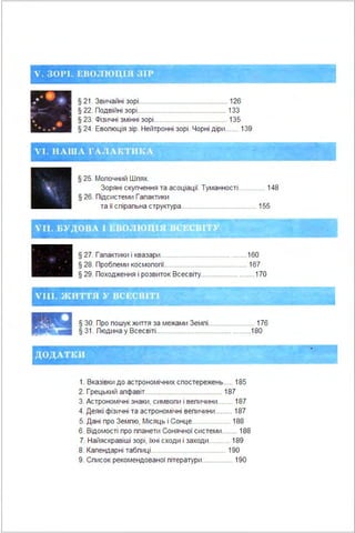 § 21 . Звичайні зорі.............................................. 126
§ 22. Подвійні зорі.............................................. 133
§ 23. Фізичні змінні зорі...................................... 135
§ 24. Евопюція зір. Нейтронні зорі. Чорні діри....... 139
§ 25. Мопочний Шпях.
Зоряні скупчення та асоціації. Туманності.............. 148
§ 26. Підсистеми Гапактики
та її спірапьна структура....................................... 155
V.il. н~·доn І ERO ю ІЯ в
§ 27. Гапактики і квазари............................................160
§ 28. Пробпеми космопогії........................................... 167
§ 29. Походження і розвиток Всесвіту...........................170
§ 30. Про пошук життя за межами Земпі........................ 176
§ 31. Пюдина у Всесвіті................................................180
1. Вказівки до астрономічних спостережень..... 185
2. Грецький апфавіт........................................ 187
3. Астрономічні знаки, симвопи і вепичини........ 187
4. Деякі фізичні та астрономічні вепичини......... 187
5. Дані про Земпю, Місяць і Сонце.................... 188
6. Відомості про ппанети Сонячної системи........ 188
7. Найяскравіші зорі, їхні сходи і заходи........... 189
8. Капендарні табпиці....................................... 190
9. Список рекомендованої пітератури................ 190
 