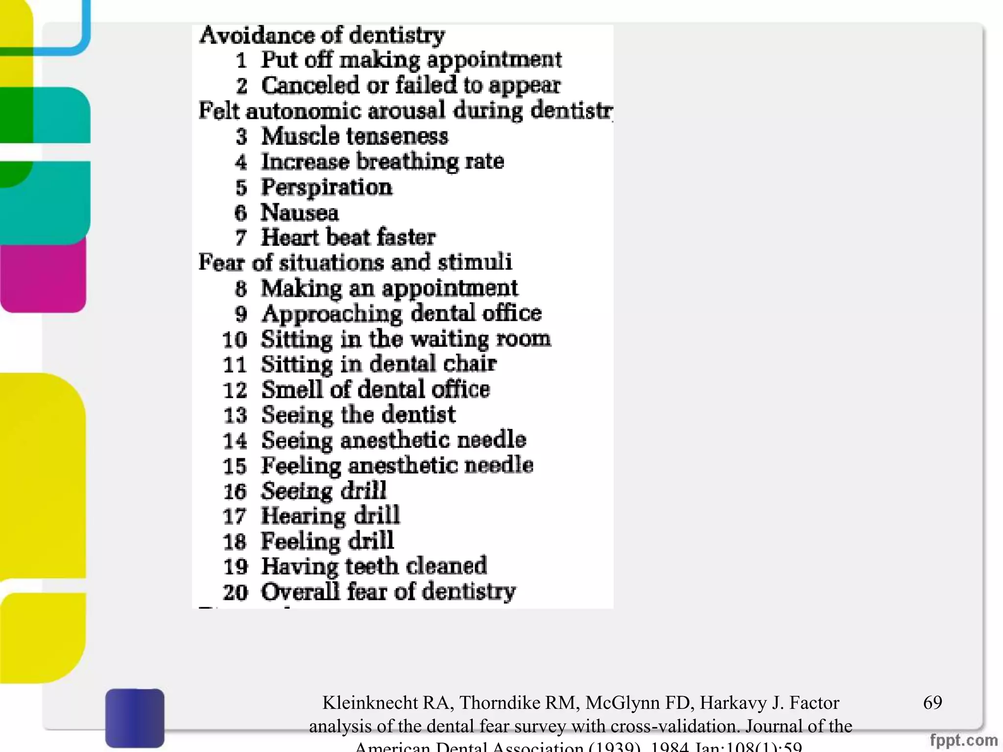 69Kleinknecht RA, Thorndike RM, McGlynn FD, Harkavy J. Factor
analysis of the dental fear survey with cross-validation. Journal of the
 