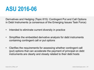 ASU 2016-06
Derivatives and Hedging (Topic 815): Contingent Put and Call Options
in Debt Instruments (a consensus of the Emerging Issues Task Force)
• Intended to eliminate current diversity in practice
• Simplifies the embedded derivative analysis for debt instruments
containing contingent call or put options
• Clarifies the requirements for assessing whether contingent call
(put) options that can accelerate the payment of principal on debt
instruments are clearly and closely related to their debt hosts
Insero & Co. CPAs, LLP www.inserocpa.com | 31
 