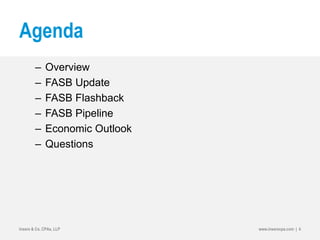 Agenda
– Overview
– FASB Update
– FASB Flashback
– FASB Pipeline
– Economic Outlook
– Questions
Insero & Co. CPAs, LLP www.inserocpa.com | 4
 
