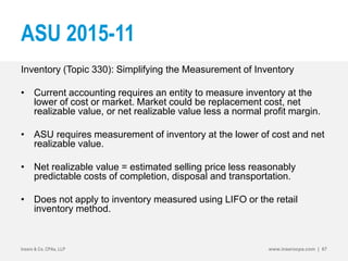 ASU 2015-11
Inventory (Topic 330): Simplifying the Measurement of Inventory
• Current accounting requires an entity to measure inventory at the
lower of cost or market. Market could be replacement cost, net
realizable value, or net realizable value less a normal profit margin.
• ASU requires measurement of inventory at the lower of cost and net
realizable value.
• Net realizable value = estimated selling price less reasonably
predictable costs of completion, disposal and transportation.
• Does not apply to inventory measured using LIFO or the retail
inventory method.
Insero & Co. CPAs, LLP www.inserocpa.com | 67
 