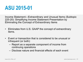 ASU 2015-01
Income Statement—Extraordinary and Unusual Items (Subtopic
225-20): Simplifying Income Statement Presentation by
Eliminating the Concept of Extraordinary Items
• Eliminates from U.S. GAAP the concept of extraordinary
items.
• Event or transaction that is considered to be unusual or
infrequent (or both):
– Report as a separate component of income from
continuing operations
– Disclose nature and financial effects of each event
Insero & Co. CPAs, LLP www.inserocpa.com | 72
 