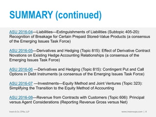 SUMMARY (continued)
ASU 2016-04—Liabilities—Extinguishments of Liabilities (Subtopic 405-20):
Recognition of Breakage for Certain Prepaid Stored-Value Products (a consensus
of the Emerging Issues Task Force)
ASU 2016-05—Derivatives and Hedging (Topic 815): Effect of Derivative Contract
Novations on Existing Hedge Accounting Relationships (a consensus of the
Emerging Issues Task Force)
ASU 2016-06 —Derivatives and Hedging (Topic 815): Contingent Put and Call
Options in Debt Instruments (a consensus of the Emerging Issues Task Force)
ASU 2016-07 —Investments—Equity Method and Joint Ventures (Topic 323):
Simplifying the Transition to the Equity Method of Accounting
ASU 2016-08—Revenue from Contracts with Customers (Topic 606): Principal
versus Agent Considerations (Reporting Revenue Gross versus Net)
Insero & Co. CPAs, LLP www.inserocpa.com | 8
 