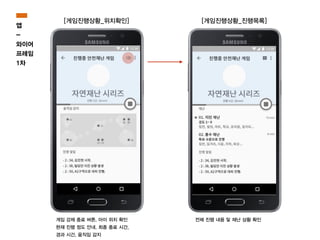게임 강제 종료 버튼, 아이 위치 확인
현재 진행 정도 안내, 최종 종료 시간,
경과 시간, 움직임 감지
전체 진행 내용 및 재난 상황 확인
[게임진행상황_위치확인] [게임진행상황_진행목록]
앱
-
와이어
프레임
1차
 