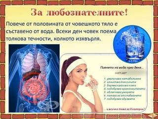 Повече от половината от човешкото тяло е
съставено от вода. Всеки ден човек поема
толкова течности, колкото изхвърля.
 