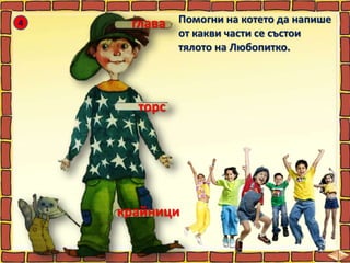 4 Помогни на котето да напише
от какви части се състои
тялото на Любопитко.
глава
торс
крайници
 
