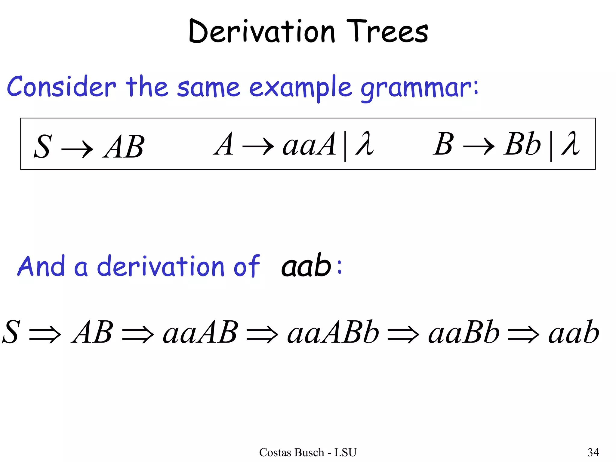 Costas Busch - LSU 34
Derivation Trees
Consider the same example grammar:
aabaaBbaaABbaaABABS 
And a derivation of :aab
ABS  |aaAA  |BbB 
 