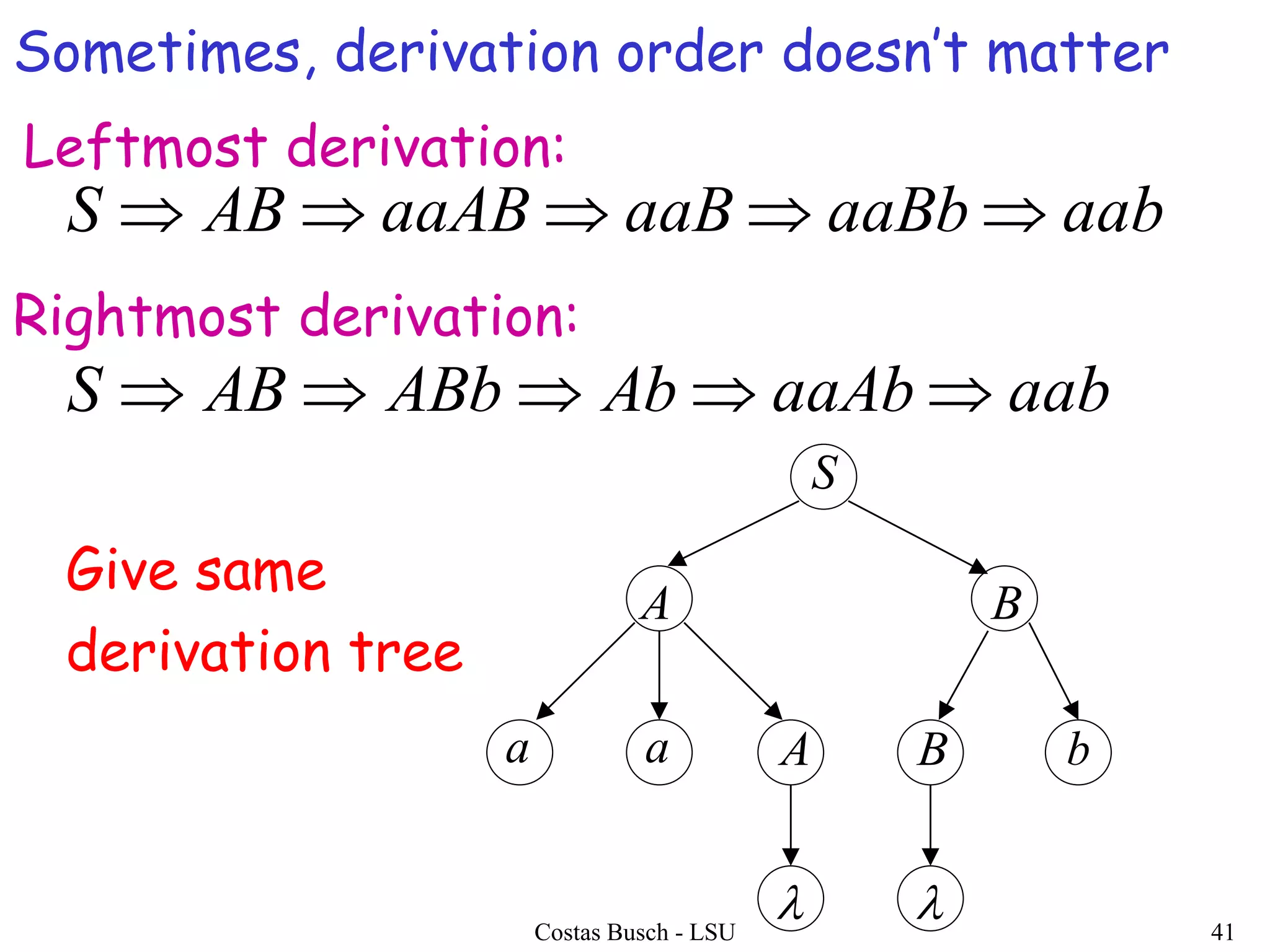 Costas Busch - LSU 41
aabaaBbaaBaaABABS 
aabaaAbAbABbABS 
S
BA
a a A B b
 
Give same
derivation tree
Sometimes, derivation order doesn’t matter
Leftmost derivation:
Rightmost derivation:
 