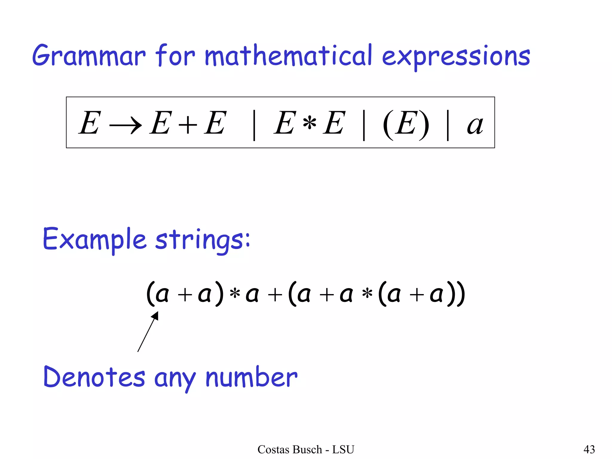Costas Busch - LSU 43
Grammar for mathematical expressions
))(()( aaaaaaa 
Example strings:
Denotes any number
aEEEEEE |)(|| 
 
