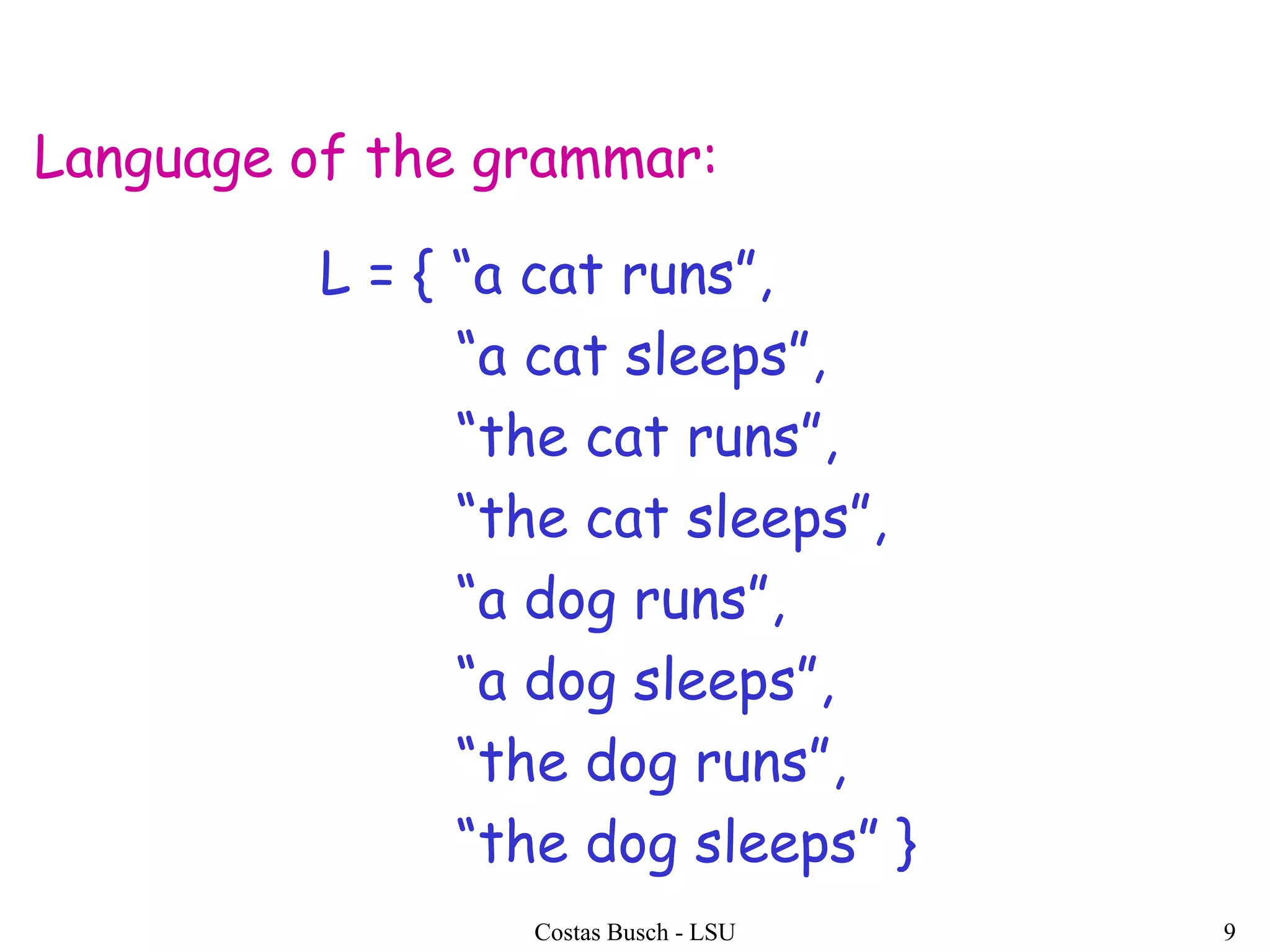 Costas Busch - LSU 9
Language of the grammar:
L = { “a cat runs”,
“a cat sleeps”,
“the cat runs”,
“the cat sleeps”,
“a dog runs”,
“a dog sleeps”,
“the dog runs”,
“the dog sleeps” }
 