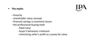  The myths
- linearity
- shareholder value concept
- financial savings vs economic losses
- the professional-buying myth
- fixed value
- buyer’s behaviour irrelevant
- minimising seller’s profit as a proxy for value
 