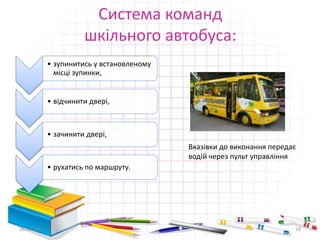 Система команд
шкільного автобуса:
• зупинитись у встановленому
місці зупинки,
• відчинити двері,
• зачинити двері,
• рухатись по маршруту.
16.02.2017 18
Вказівки до виконання передає
водій через пульт управління
 
