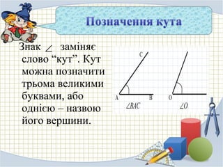 Знак заміняє
слово “кут”. Кут
можна позначити
трьома великими
буквами, або
однією – назвою
його вершини.
∠
 