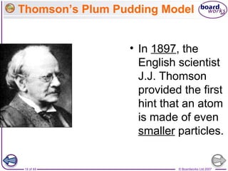 © Boardworks Ltd 200714 of 44
Thomson’s Plum Pudding Model
• In 1897, the
English scientist
J.J. Thomson
provided the first
hint that an atom
is made of even
smaller particles.
 