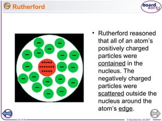 © Boardworks Ltd 200724 of 44
Rutherford
• Rutherford reasoned
that all of an atom’s
positively charged
particles were
contained in the
nucleus. The
negatively charged
particles were
scattered outside the
nucleus around the
atom’s edge.
 