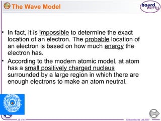 © Boardworks Ltd 200729 of 44
The Wave Model
• In fact, it is impossible to determine the exact
location of an electron. The probable location of
an electron is based on how much energy the
electron has.
• According to the modern atomic model, at atom
has a small positively charged nucleus
surrounded by a large region in which there are
enough electrons to make an atom neutral.
 
