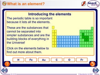 © Boardworks Ltd 200734 of 44
What is an element?
 