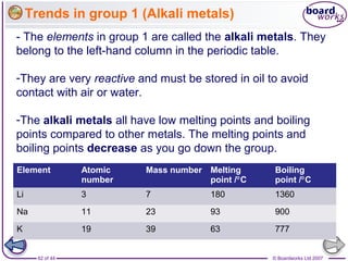 © Boardworks Ltd 200762 of 44
Trends in group 1 (Alkali metals)
Element Atomic
number
Mass number Melting
point / C⁰
Boiling
point / C⁰
Li 3 7 180 1360
Na 11 23 93 900
K 19 39 63 777
- The elements in group 1 are called the alkali metals. They
belong to the left-hand column in the periodic table.
-They are very reactive and must be stored in oil to avoid
contact with air or water.
-The alkali metals all have low melting points and boiling
points compared to other metals. The melting points and
boiling points decrease as you go down the group.
 