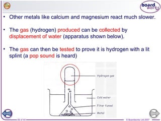 © Boardworks Ltd 200769 of 44
• Other metals like calcium and magnesium react much slower.
• The gas (hydrogen) produced can be collected by
displacement of water (apparatus shown below).
• The gas can then be tested to prove it is hydrogen with a lit
splint (a pop sound is heard)
 