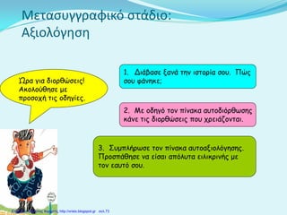 Μετασυγγραφικό στάδιο:
Αξιολόγηση
Ώρα για διορθώσεις!
Ακολούθησε με
προσοχή τις οδηγίες.
1. Διάβασε ξανά την ιστορία σου. Πώς
σου φάνηκε;
2. Με οδηγό τον πίνακα αυτοδιόρθωσης
κάνε τις διορθώσεις που χρειάζονται.
3. Συμπλήρωσε τον πίνακα αυτοαξιολόγησης.
Προσπάθησε να είσαι απόλυτα ειλικρινής με
τον εαυτό σου.
Επιμέλεια: Χρήστος Χαρμπής http://xristx.blogspot.gr σελ.73
 