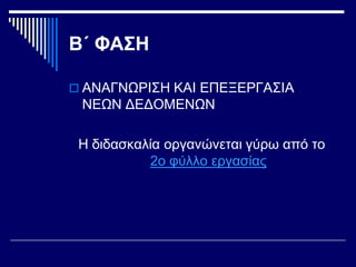 Β΄ ΦΑΣΗ
 ΑΝΑΓΝΩΡΙΣΗ ΚΑΙ ΕΠΕΞΕΡΓΑΣΙΑ
ΝΕΩΝ ΔΕΔΟΜΕΝΩΝ
Η διδασκαλία οργανώνεται γύρω από το
2ο φύλλο εργασίας
 