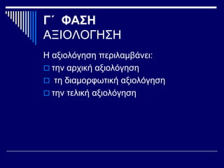 Γ΄ ΦΑΣΗ
ΑΞΙΟΛΟΓΗΣΗ
Η αξιολόγηση περιλαμβάνει:
 την αρχική αξιολόγηση
 τη διαμορφωτική αξιολόγηση
 την τελική αξιολόγηση
 