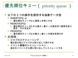 2011/4/27 アルゴリズムとデータ構造 11 15
優先順位キュー（ priority queue ）
 以下の 3 つの操作を提供する抽象データ型
 INSERT(PQ, x)
 優先順位キュー PQ に要素 x を挿入する
 REMOVE(PQ)
 優先順位キュー PQ から最大（最小）の値を持つ要素を取り
除き，それを返す
 PEEK(PQ)
 優先順位キュー PQ の最大（最小）の値を取得する
 応用例：
 ジョブのスケジューリング：
優先度の高いジョブから取り出して実行する
 イベント駆動のシミュレーション：
直近のイベントから順に取り出してシミュレートする
 