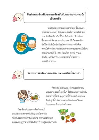 รับประทานข้าวเป็นอาหารหลักสลับกับอาหารประเภทแป้ง
2
รับประทานผักให้มากและรับประทานผลไม้เป็นประจํา
3
โดยเลือกรับประทานพืชผัก ผลไม้
ตามฤดูกาล เพราะหาได้ง่าย และมีร
ทําให้ประหยัดรายจ่ายค่าอาห
ผลไม้นอกฤดูกาลจะทําให้เสียค่
รับประทานข้าวเป็นอาหารหลักสลับกับอาหารประเภทแป้ง
เป็นบางมือ
ข้าวจัดเป็นอาหารหลักของคนไทย ซึงมีคุณค่า
ทางโภชนาการมาก โดยเฉพาะข้าวทีผ่านการขัดสีน้อย
เช่น ข้าวซ้อมมือ หรือทีปัจจุบันเรียกว่า
ซึงนอกจากให้สารอาหารประเภทคาร์โบไฮเดรตแล้ว
ยังมีวิตามินทีเป็นประโยชน์ต่อร่างกายมากอีกด้วย
หากเบือข้าวก็สามารถรับประทานอาหารประเภทแป้
สลับเป็นบางมือได้ เช่น ก๋วยเตียว บะหมี ขนมปัง
เป็นต้น แต่คุณค่าของอาหารเหล่านีจะน้อยกว่า
การได้รับจากข้าว
รับประทานผักให้มากและรับประทานผลไม้เป็นประจํา
นพืชผัก ผลไม้
ย และมีราคาถูก
หาร การรับประทานผัก
ลจะทําให้เสียค่าใช้จ่ายสูงโดยไม่จําเป็น
พืชผัก ผลไม้เป็นแหล่งสําคัญของวิต
และแร่ธาตุ รวมทังสารอืนๆ ซึงล้วนแต่มีคว
ต่อร่างกายทีนําไปสู่สุขภาพทีดี จึงควรรับประท
พืชผักทุกมือให้หลากหลายชนิด ส่วนผลไม้ควร
รับประทานเป็นประจําสมําเสมอ
12
รับประทานข้าวเป็นอาหารหลักสลับกับอาหารประเภทแป้ง
ข้าวจัดเป็นอาหารหลักของคนไทย ซึงมีคุณค่า
ทางโภชนาการมาก โดยเฉพาะข้าวทีผ่านการขัดสีน้อย
เรียกว่า “ข้าวกล้อง”
ซึงนอกจากให้สารอาหารประเภทคาร์โบไฮเดรตแล้ว
ยังมีวิตามินทีเป็นประโยชน์ต่อร่างกายมากอีกด้วย
ก็สามารถรับประทานอาหารประเภทแป้งอืนๆ
สลับเป็นบางมือได้ เช่น ก๋วยเตียว บะหมี ขนมปัง
เป็นต้น แต่คุณค่าของอาหารเหล่านีจะน้อยกว่า
รับประทานผักให้มากและรับประทานผลไม้เป็นประจํา
ชผัก ผลไม้เป็นแหล่งสําคัญของวิตามิน
รอืนๆ ซึงล้วนแต่มีความจําเป็น
พทีดี จึงควรรับประทาน
ส่วนผลไม้ควร
นประจําสมําเสมอ
 