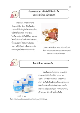 รับประทานปลา เนือสัตว์ไม่ติดมัน ไข่
4
ร่างกายต้องการสารอาหาร
ประเภทโปรตีน เพือนําไปเสริมสร้าง
ร่างกายทําให้เจริญเติบโต เราควรเลือก
เนือสัตว์ทีไม่มีไขมัน หรือมีไขมัน
ในปริมาณน้อย เพือไม่ให้เกิดการสะสม
ไขมันในร่างกาย โปรตีนเป็นสารอาหาร
ทีจําเป็นอย่างยิงของเด็กในวัยเรียน
หากขาดโปรตีนแล้วจะมีผลกระทบต่อ
การเจริญเติบโตทังร่างกายและสมอง
5
ภาพที 10 นม
ทีมา : http://www2.tnews.co.th/userfiles/image/2(1990).jpg
รับประทานปลา เนือสัตว์ไม่ติดมัน ไข่
และถัวเมล็ดแห้งเป็นประจํา
ร่างกายต้องการสารอาหาร
ประเภทโปรตีน เพือนําไปเสริมสร้าง
ร่างกายทําให้เจริญเติบโต เราควรเลือก
เนือสัตว์ทีไม่มีไขมัน หรือมีไขมัน
ในปริมาณน้อย เพือไม่ให้เกิดการสะสม
เป็นสารอาหาร
ทีจําเป็นอย่างยิงของเด็กในวัยเรียน
หากขาดโปรตีนแล้วจะมีผลกระทบต่อ
การเจริญเติบโตทังร่างกายและสมอง
ดืมนมให้เหมาะสมตามวัย
นมเป็นอาหารทีย่อยง่าย อุดมไปด้วย
สารอาหารทีมีประโยชน์ต่อร่างกาย เช่น
โปรตีน แคลเซียม ฟอสฟอรัส
ต่างๆ เด็กในวัยเรียนมีความต้องการสารอาหาร
เหล่านีมาก ควรดืมอย่างน้อยวันละ
เพราะอยู่ในวัยเจริญเติบโต ร่างกายต้องนําไป
สร้างกระดูก ฟัน กล้ามเนือ เป็นต้น
ภาพที 9 อาหารทีให้สารอาหารประเภทโปรตีน
ทีมา : http://kidneybeanz.co.za/wp
uploads/2014/08/proteins.jpg
http://www2.tnews.co.th/userfiles/image/2(1990).jpg
13
รับประทานปลา เนือสัตว์ไม่ติดมัน ไข่
นมเป็นอาหารทีย่อยง่าย อุดมไปด้วย
สารอาหารทีมีประโยชน์ต่อร่างกาย เช่น
และวิตามิน
เด็กในวัยเรียนมีความต้องการสารอาหาร
ควรดืมอย่างน้อยวันละ 2-3 แก้ว
เพราะอยู่ในวัยเจริญเติบโต ร่างกายต้องนําไป
สร้างกระดูก ฟัน กล้ามเนือ เป็นต้น
อาหารทีให้สารอาหารประเภทโปรตีน
http://kidneybeanz.co.za/wp-content/
uploads/2014/08/proteins.jpg
 