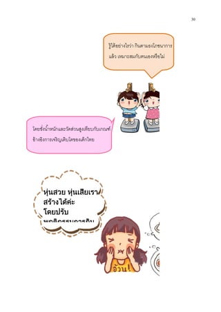 โดยชังนําหนักและวัดส่วนสูงเทียบกับเกณฑ์
อ้างอิงการเจริญเติบโตของเด็กไทย
หุนสวย หุนเสียเรา
สรางไดคะ
โดยปรับ
พฤติกรรมการกิน
รู้ได้อย่างไรว่า กินตามธงโภชนาการ
แล้ว เหมาะสมกับตนเองหรือไม่
โดยชังนําหนักและวัดส่วนสูงเทียบกับเกณฑ์
อ้างอิงการเจริญเติบโตของเด็กไทย
หุนสวย หุนเสียเรา
พฤติกรรมการกิน
30
รู้ได้อย่างไรว่า กินตามธงโภชนาการ
แล้ว เหมาะสมกับตนเองหรือไม่
 