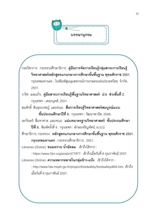 กรมวิชาการ กระทรวงศึกษาธิการ
วิทยาศาสตร์หลักสูตรแกนกลางการศึกษาขันพืนฐาน พุทธศักราช
กรุงเทพมหานคร : โรงพิมพ์
2551.
วาริท เมฆแก้ว. คู่มือสาระการเรียนรู้พืนฐานวิทยาศาสตร์ ป
กรุงเทพฯ : เดอะบุคส์
สมศักดิ สินธุระเวชญ์ และคณะ
ชันประถมศึกษาปีที
เอกรินทร์ สีมหาศาล และคณะ
ปีที 6. พิมพ์ครังที 4
ศึกษาธิการ, กระทรวง. หลักสูตรแกนกลางการศึกษาขันพืนฐาน พุทธศักราช
กรุงเทพมหานคร :
Libraries (Online). ขนมหวาน นําอัดลม
: https://www.l3nr.org/posts/477977
Libraries (Online). ความหลากหลายในกลุ่มข้าว
: http://www.fda.moph.go.th/project/foodsafety/foodsafety46f4.htm
เมือวันที 6 กุมภาพันธ์
กรมวิชาการ กระทรวงศึกษาธิการ. คู่มือการจัดการเรียนรู้กลุ่มสาระการเรียนรู้
หลักสูตรแกนกลางการศึกษาขันพืนฐาน พุทธศักราช
โรงพิมพ์ชุมนุมสหกรณ์การเกษตรแห่งประเทศไทย จํากัด
คู่มือสาระการเรียนรู้พืนฐานวิทยาศาสตร์ ป.6 ช่วงชันที
เดอะบุคส์, 2551.
สมศักดิ สินธุระเวชญ์ และคณะ. สือการเรียนรู้วิทยาศาสตร์สมบูรณ์แบบ
ชันประถมศึกษาปีที 6. กรุงเทพฯ : วัฒนาพานิช, 2548.
เอกรินทร์ สีมหาศาล และคณะ. แม่บทมาตรฐานวิทยาศาสตร์ ชันประถมศึกษา
4. กรุงเทพฯ : อักษรเจริญทัศน์, ม.ป.ป.
หลักสูตรแกนกลางการศึกษาขันพืนฐาน พุทธศักราช
: กระทรวงศึกษาธิการ, 2551.
ขนมหวาน นําอัดลม. เข้าถึงได้จาก :
https://www.l3nr.org/posts/477977. เข้าถึงเมือวันที 6 กุมภาพันธ์
ความหลากหลายในกลุ่มข้าว-แป้ง. เข้าถึงได้จาก
http://www.fda.moph.go.th/project/foodsafety/foodsafety46f4.htm
กุมภาพันธ์ 2557.
บรรณานุกรม
52
คู่มือการจัดการเรียนรู้กลุ่มสาระการเรียนรู้
หลักสูตรแกนกลางการศึกษาขันพืนฐาน พุทธศักราช 2551.
ชุมนุมสหกรณ์การเกษตรแห่งประเทศไทย จํากัด,
ช่วงชันที 2 .
สือการเรียนรู้วิทยาศาสตร์สมบูรณ์แบบ
แม่บทมาตรฐานวิทยาศาสตร์ ชันประถมศึกษา
หลักสูตรแกนกลางการศึกษาขันพืนฐาน พุทธศักราช 2551.
กุมภาพันธ์ 2557.
เข้าถึงได้จาก :
http://www.fda.moph.go.th/project/foodsafety/foodsafety46f4.htm. เข้าถึง
 