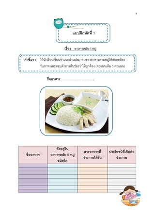 ชืออาหาร อาหารหลัก
คําชีแจง ให้นักเรียนเขียนจําแนกส่วนประกอบของอาหารตามหมู่ให้สอดคล้อง
กับภาพ และตอบคําถามในช่องว่าให้ถูกต้อง
ชืออาหาร
จัดอยู่ใน
อาหารหลัก 5 หมู่
ชนิดใด
สารอาหารที
ร่างกายได้รับ
ประโยชน์ทีเกิดต่อ
เรือง อาหารหลัก 5 หมู่
แบบฝึกหัดที 1
เขียนจําแนกส่วนประกอบของอาหารตามหมู่ให้สอดคล้อง
กับภาพ และตอบคําถามในช่องว่าให้ถูกต้อง (คะแนนเต็ม 5
ชืออาหาร........................................
9
ประโยชน์ทีเกิดต่อ
ร่างกาย
เขียนจําแนกส่วนประกอบของอาหารตามหมู่ให้สอดคล้อง
5 คะแนน)
 
