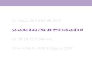 Q1. 각 노드의 질문을 어떻게 만들 것인가?
Q2. 노드에서 몇 개의 가지로 나눌 것인가? (자식노드의 개수)
Q3. 언제 멈출 것인가? (leaf node)
Q4. leaf node를 어느 부류로 할당할(assign) 것인가?
 