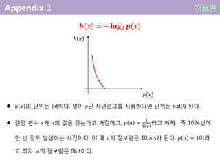 𝒉 𝒙 = − 𝐥𝐨𝐠 𝟐 𝒑(𝒙)
 ℎ(𝑥)의 단위는 bit이다. 밑이 𝑒인 자연로그를 사용한다면 단위는 nat가 된다.
 랜덤 변수 𝑥가 𝑎의 값을 갖는다고 가정하고, 𝑝 𝑎 =
1
1024
라고 하자. 즉 1024번에
한 번 정도 발생하는 사건이다. 이 때 𝑎의 정보량은 10bits가 된다. 𝑝 𝑎 = 1이라
고 하자. 𝑎의 정보량은 0bit이다.
정보량
𝑝(𝑥)
ℎ(𝑥)
 