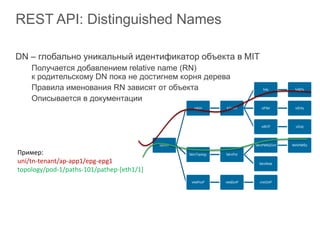 REST API: Distinguished Names
DN – глобально уникальный идентификатор объекта в MIT
Получается добавлением relative name (RN)
к родительскому DN пока не достигнем корня дерева
Правила именования RN зависят от объекта
Описывается в документации
Пример:
uni/tn-tenant/ap-app1/epg-epg1
topology/pod-1/paths-101/pathep-[eth1/1]
 