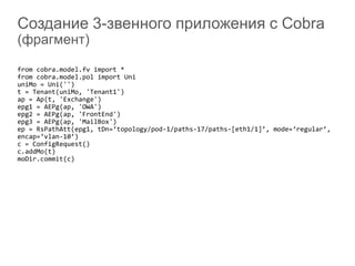 Создание 3-звенного приложения с Cobra
(фрагмент)
from cobra.model.fv import *
from cobra.model.pol import Uni
uniMo = Uni('')
t = Tenant(uniMo, 'Tenant1')
ap = Ap(t, 'Exchange')
epg1 = AEPg(ap, 'OWA')
epg2 = AEPg(ap, 'FrontEnd')
epg3 = AEPg(ap, 'MailBox')
ep = RsPathAtt(epg1, tDn=‘topology/pod-1/paths-17/paths-[eth1/1]’, mode=‘regular’,
encap=‘vlan-10’)
c = ConfigRequest()
c.addMo(t)
moDir.commit(c)
 