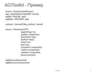 tenant = Tenant('sampleTenant')
app = AppProfile('sampleANP', tenant)
epgDB = EPG('DB', app)
epgWeb = EPG('WEB', app)
contract = Contract('http_contract', tenant)
entry1 = FilterEntry('HTTP',
applyToFrag='no',
arpOpc='unspecified',
dFromPort='http',
dToPort='https',
etherT='ip',
prot='tcp',
sFromPort='unspecified',
sToPort='unspecified',
tcpRules='unspecified',
parent=contract)
epgDB.provide(contract)
epgWeb.consume(contract)
ACIToolkit - Пример
TECDCT-2941 32
 