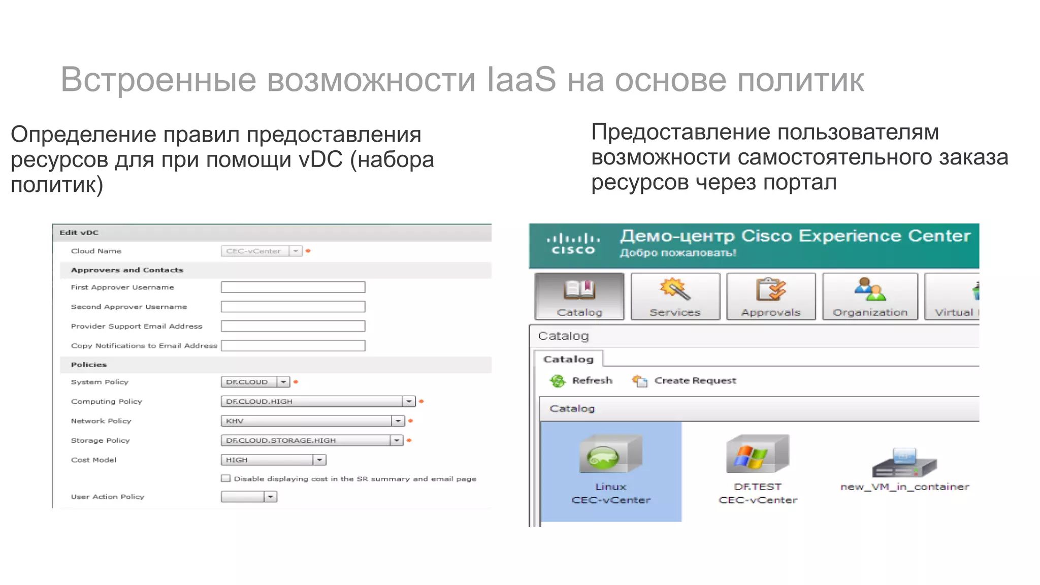 Встроенные возможности IaaS на основе политик
Определение правил предоставления
ресурсов для при помощи vDC (набора
политик)
Предоставление пользователям
возможности самостоятельного заказа
ресурсов через портал
 