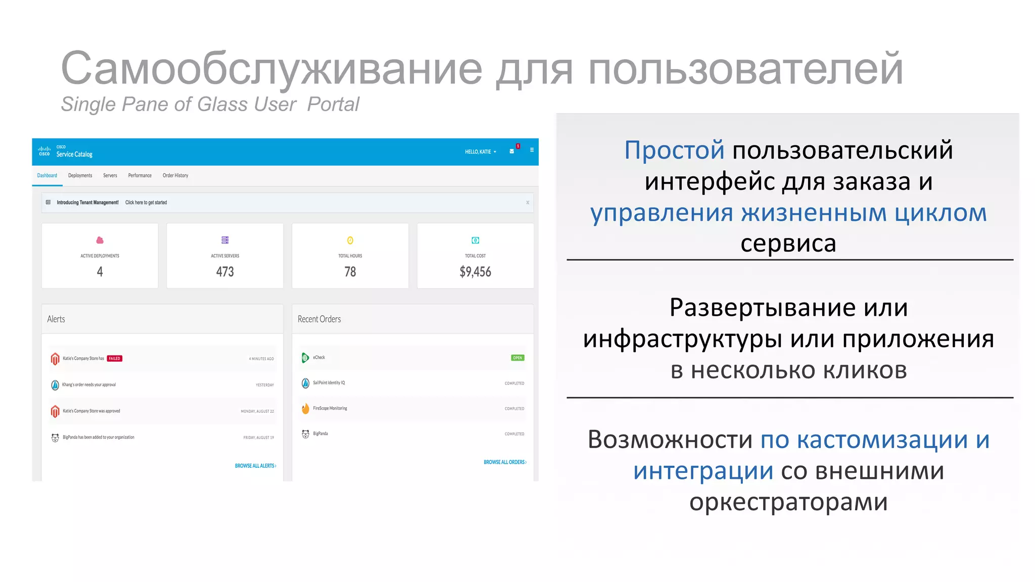 Самообслуживание для пользователей
Single Pane of Glass User Portal
Развертывание	или	
инфраструктуры	или	приложения	
в	несколько	кликов
Возможности	по	кастомизации и	
интеграции	со	внешними	
оркестраторами
Простой пользовательский	
интерфейс	для	заказа	и	
управления	жизненным	циклом
сервиса
 